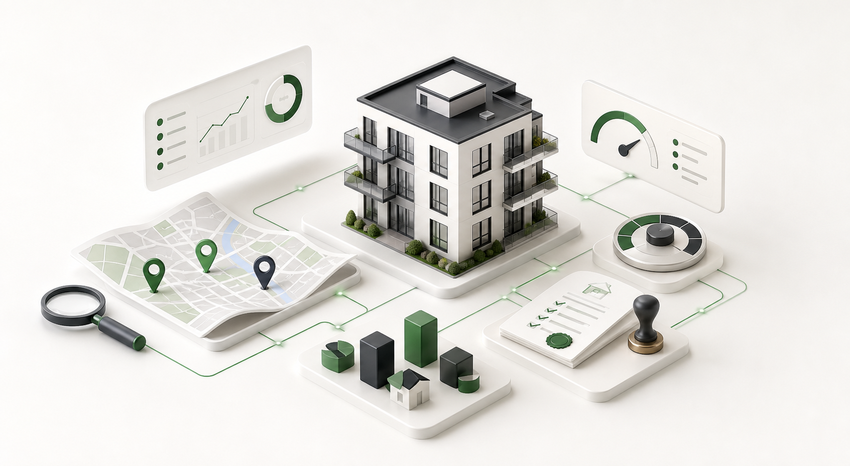 Isometrische KI-Immobilienanalyse mit Gebäude, Karte, Risikoanzeige und Notarunterlagen