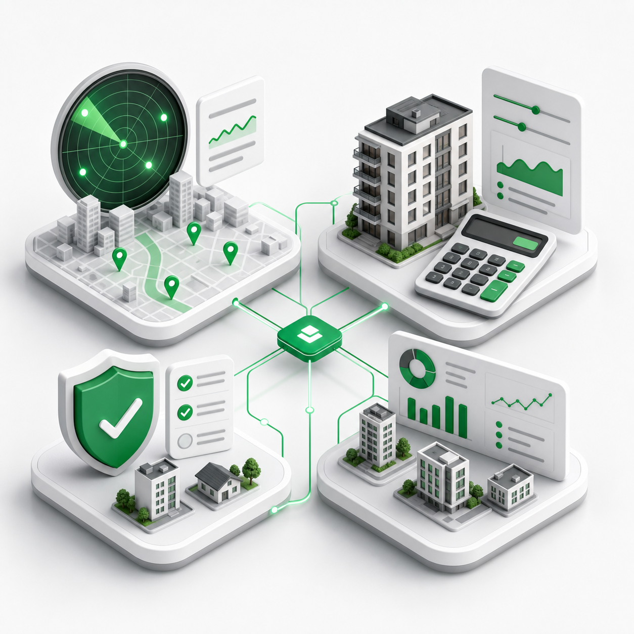 Isometrischer KI-Workflow mit Marktradars, Bewertung, Risiko und Portfolioentscheidung